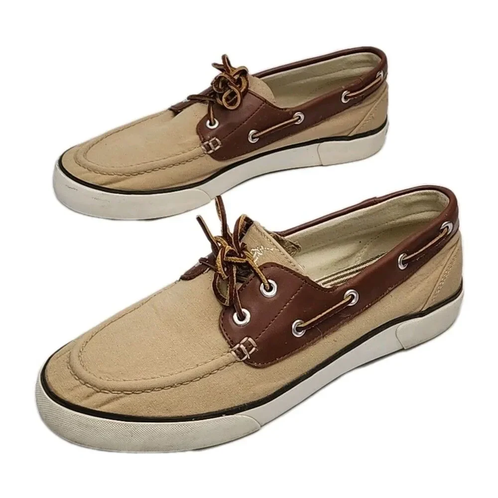 Polo Ralph Lauren Boat Shoes Men Sz 9.5 D Tan Brown Canvas Leather Rylander